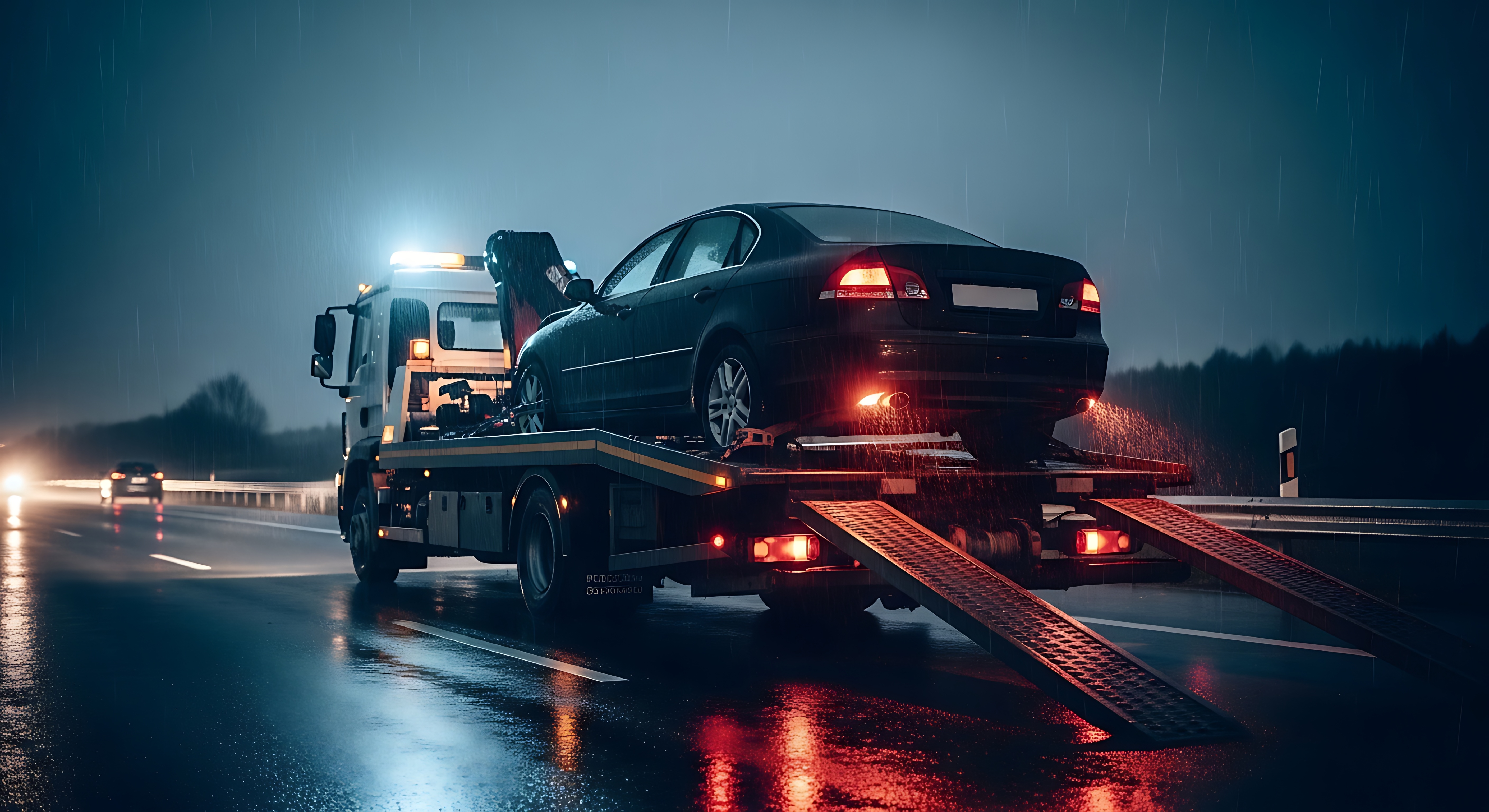 A black car is being loaded onto a tow truck on a rainy highway at night, its tail lights reflecting on the wet road.
